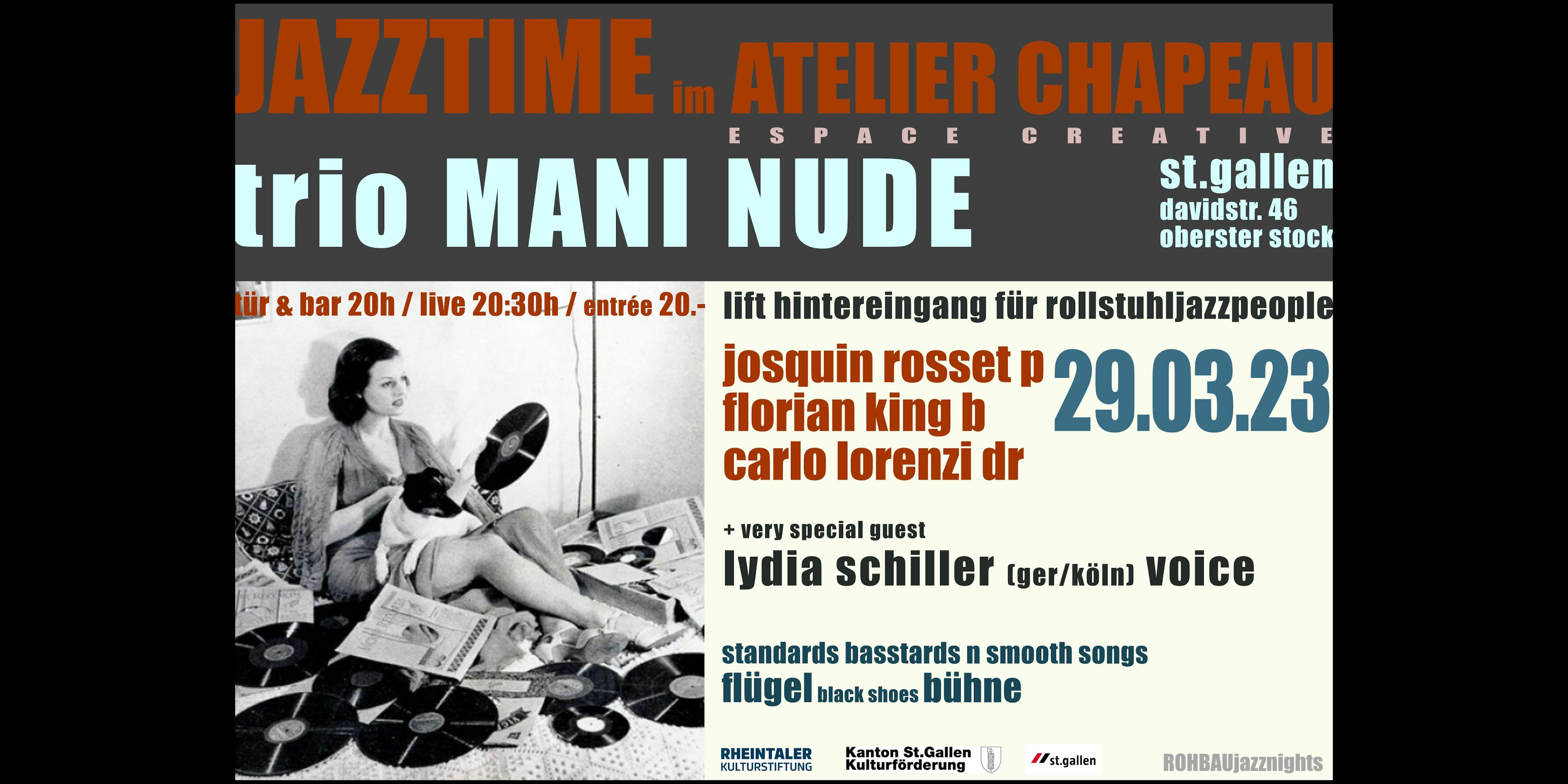 Titelbild JAZZTIME im ATELIER CHAPEAU mit TRIO MANI NUDE & LYDIA SCHILLER